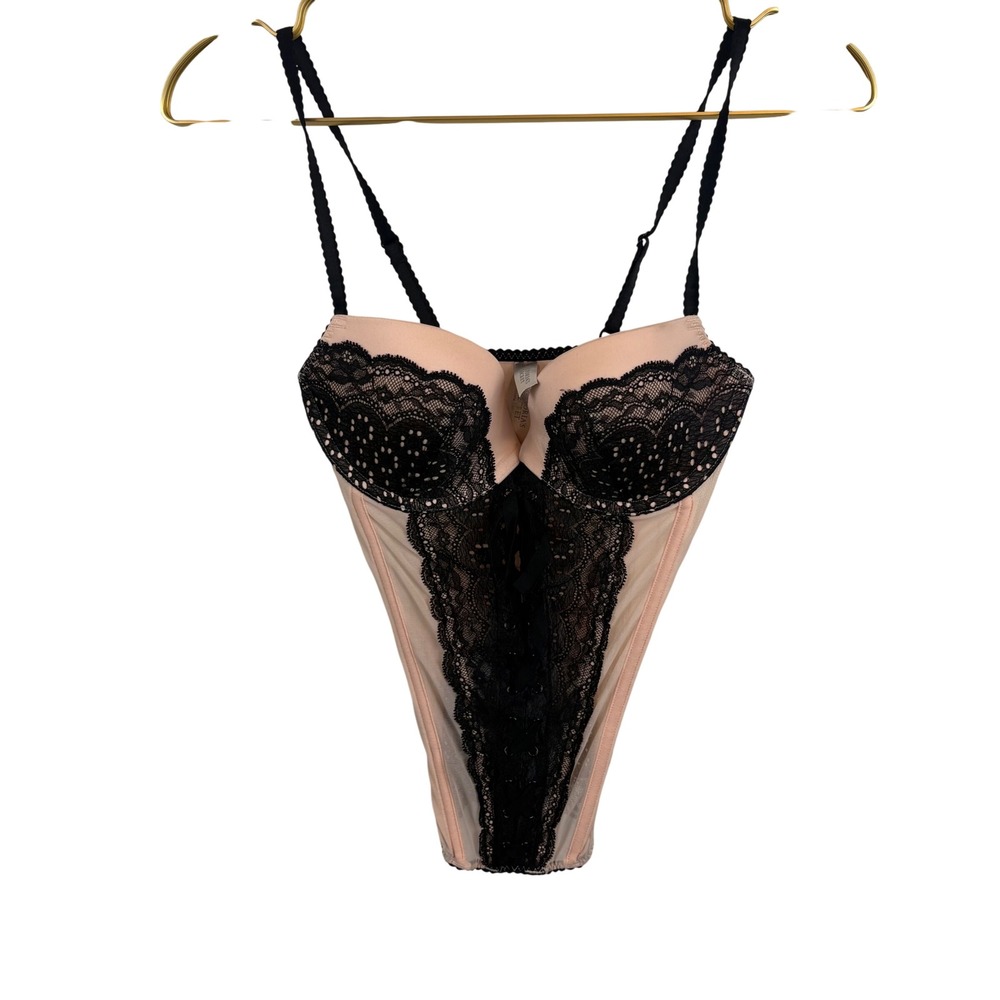 NWT Y2K Victoria's Secret Very Sexy Lace Push Up Corset Top Pink Black 34C